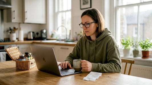Woman browsing health products on kitchen laptop
